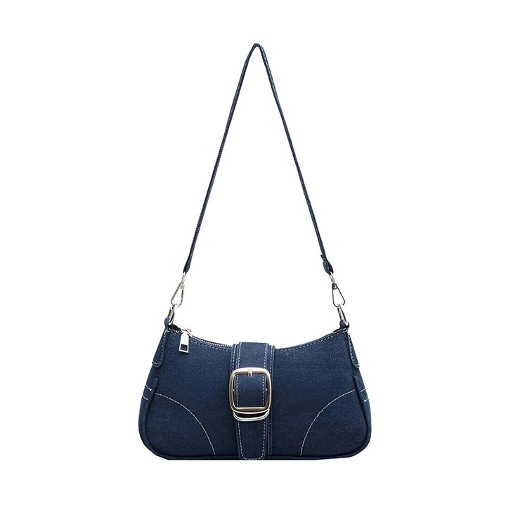 Sac à bandoulière en jean bleu foncé, boucle argentée, fermeture éclair et surpiqûres blanches., 46193994399968,46193994432736