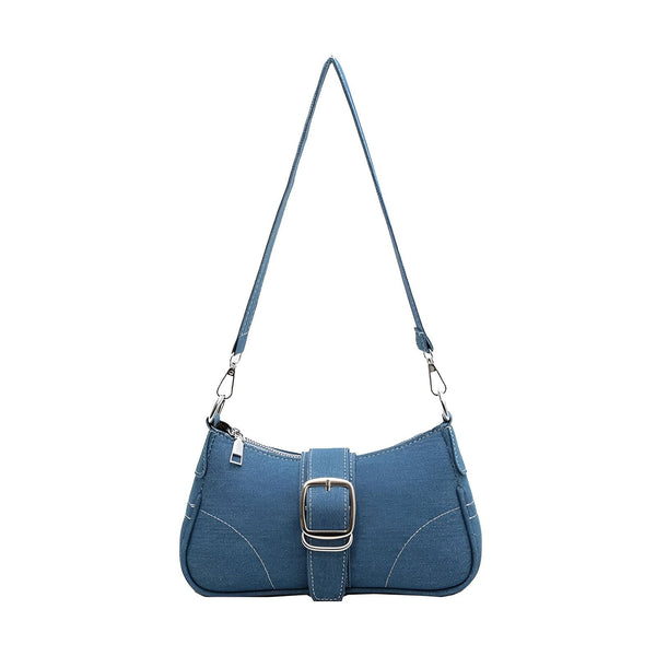 Sac épaule en jean bleu avec boucle argentée et coutures apparentes, 46193994399968,46193994432736