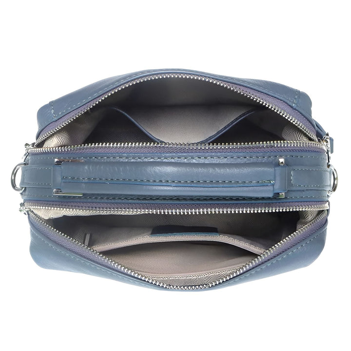 Sac en cuir bleu ouvert, intérieur avec plusieurs compartiments zippés., 46193847599328,46193847632096,46193847664864,46193847697632,46193847730400