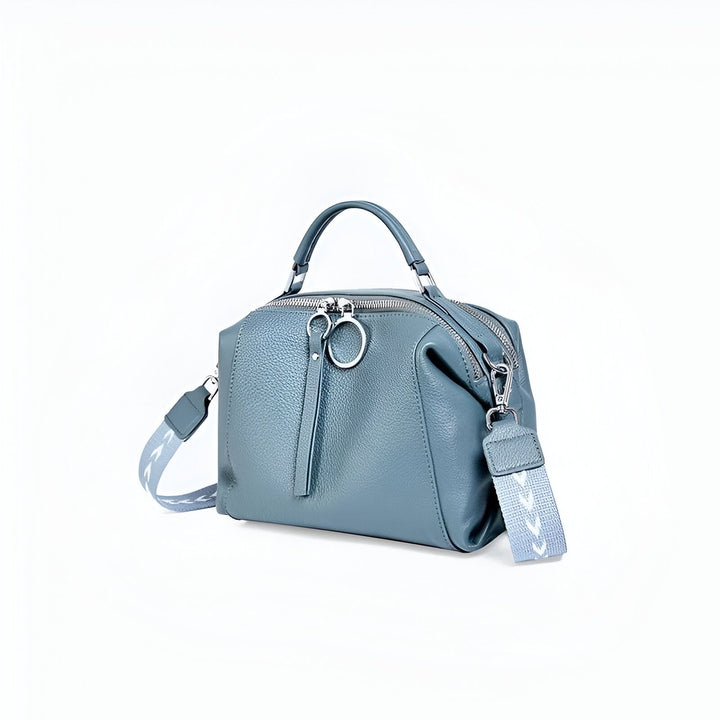 Sac bleu en cuir grainé, double zip anneau, bandoulière amovible motif chevron., 46193847599328,46193847632096,46193847664864,46193847697632,46193847730400