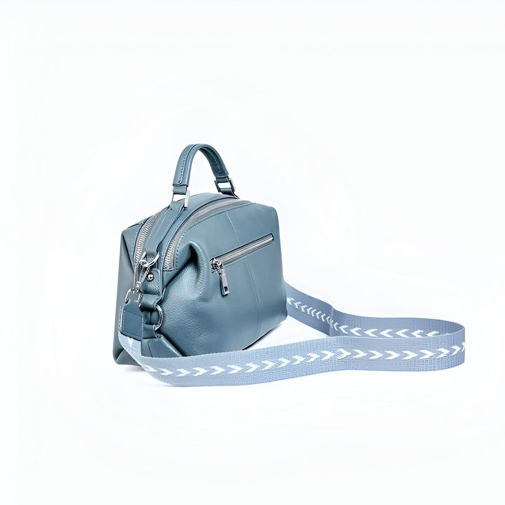 Sac à main cuir gris-bleu, anse, doubles zips, bandoulière large motif géométrique, 46193847599328,46193847632096,46193847664864,46193847697632,46193847730400