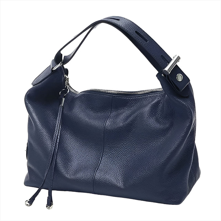 Sac à main bleu marine en cuir grainé avec bandoulière réglable et zip argenté., 46193844814048,46193844846816,46193844879584,46193844912352