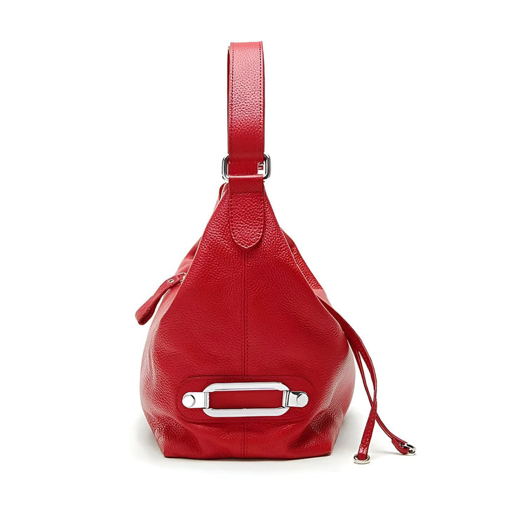 Sac porté épaule en cuir grainé rouge avec détails argentés., 46193844814048,46193844846816,46193844879584,46193844912352