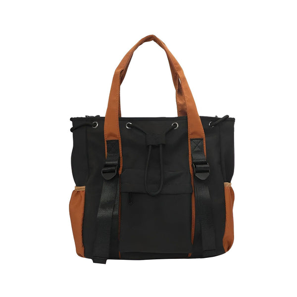 Sac tote bag noir avec anses marron, poches extérieures et cordon de serrage., 46193874927840,46193874960608