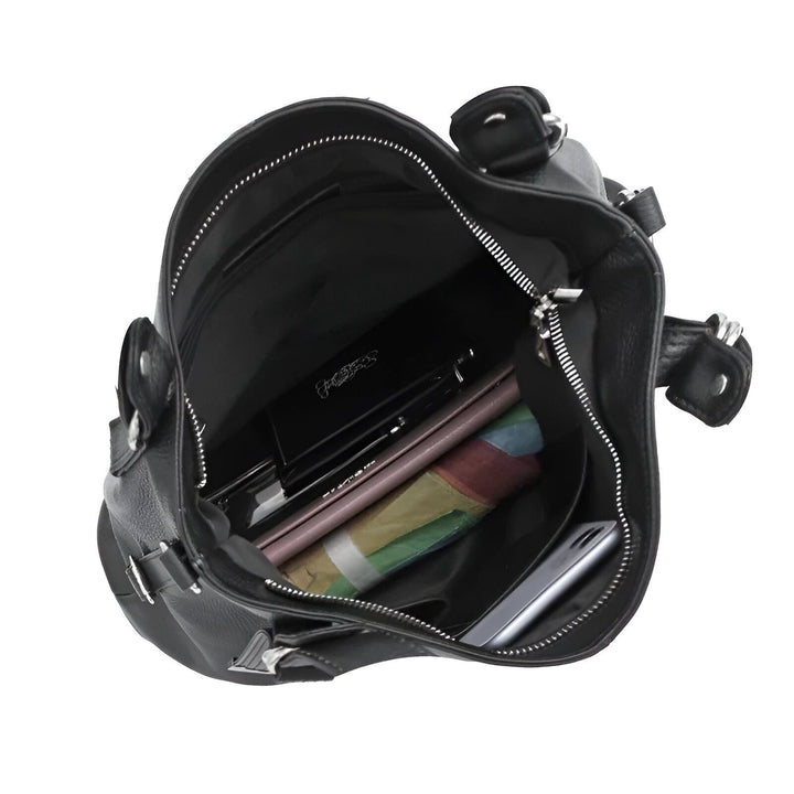 Sac à main en cuir noir ouvert montrant son intérieur avec smartphone et accessoires., 46193843765472,46193843798240,46193843831008,46193843863776,46193843896544,46193843929312,46193843962080