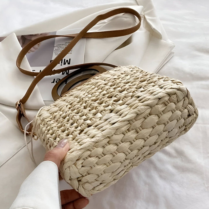 Sac en paille tressée beige avec fine bandoulière marron, 46193946722528,46193946755296