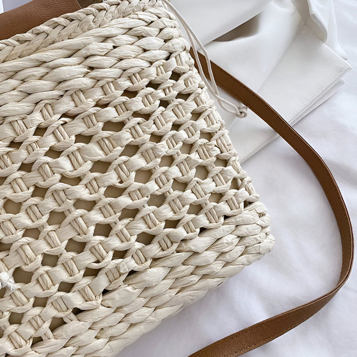 Sac en paille tressée beige avec anse en cuir marron, 46193946722528,46193946755296