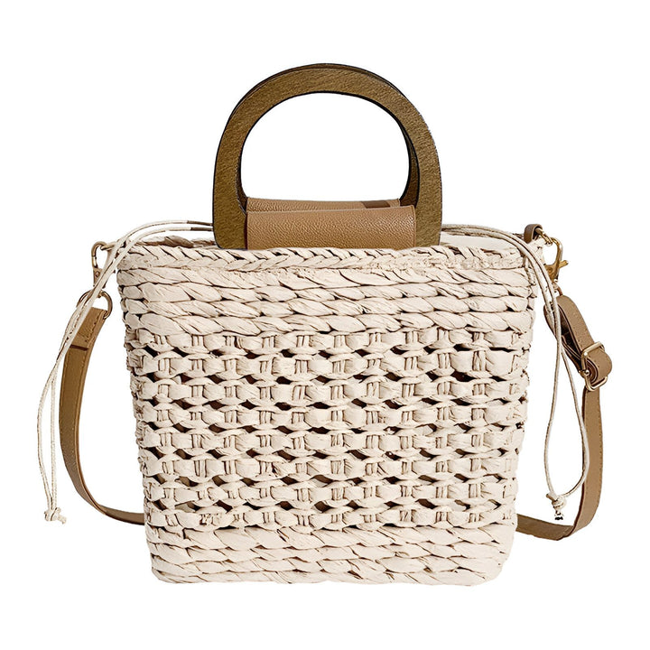 Sac en paille beige ajourée avec anses bois et bandoulière en cuir., 46193946722528,46193946755296