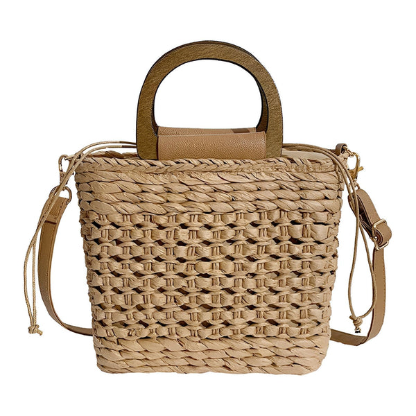 Sac cabas carré en paille tressée avec anse en bois et bandoulière cuir., 46193946722528,46193946755296