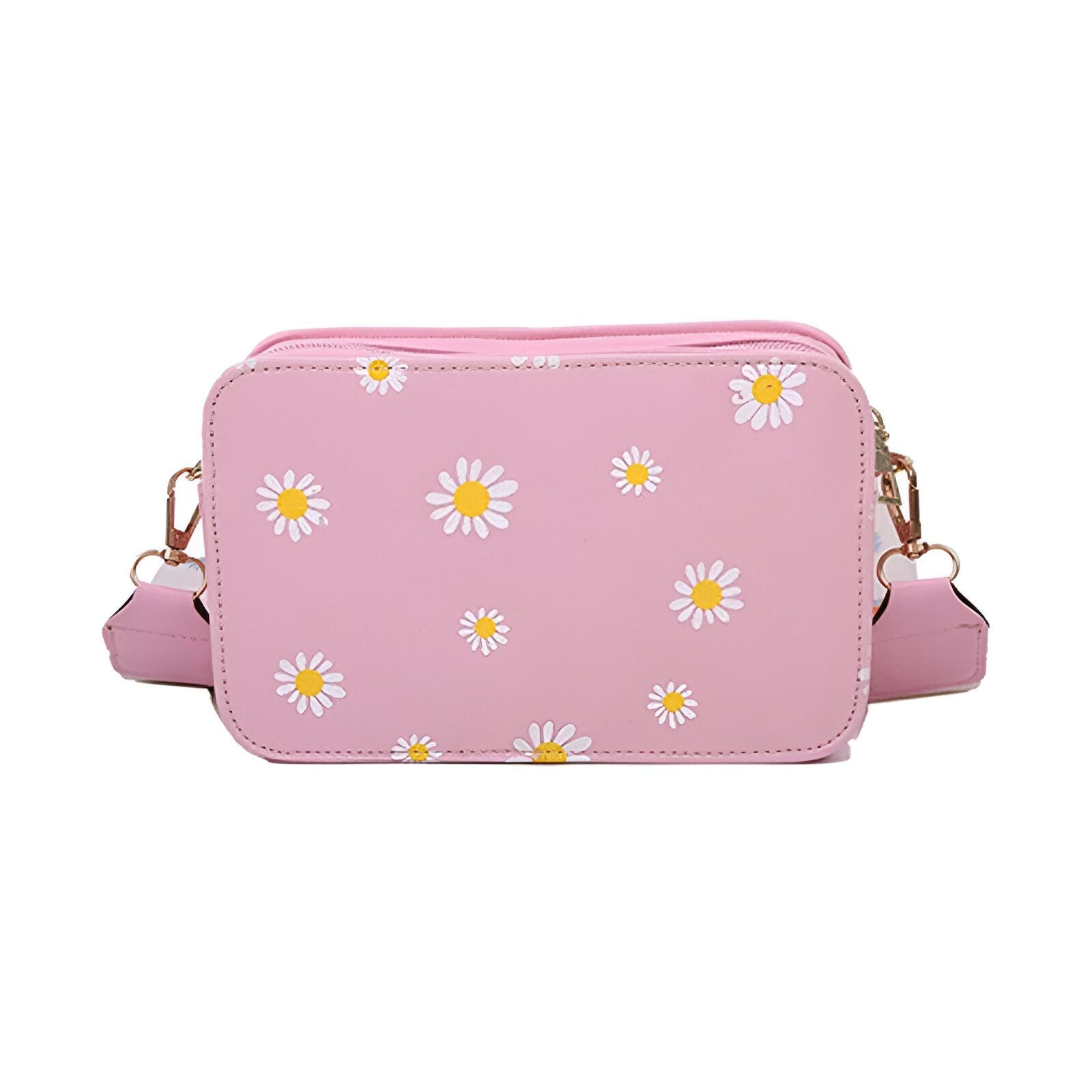 Un petit sac à main rose avec un motif de marguerites blanches.