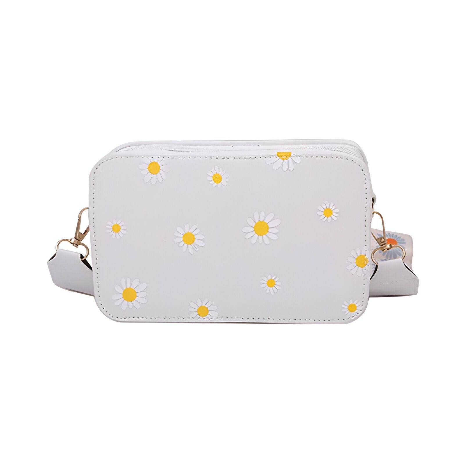 Un sac à main blanc avec un motif de marguerites jaunes.