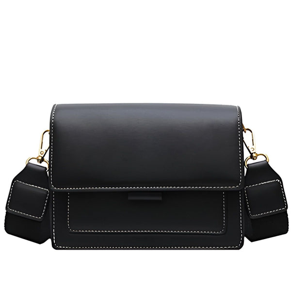 Sac noir bandoulière avec rabat, poche et coutures blanches., 46193877221600,46193877254368,46193877287136,46193877319904