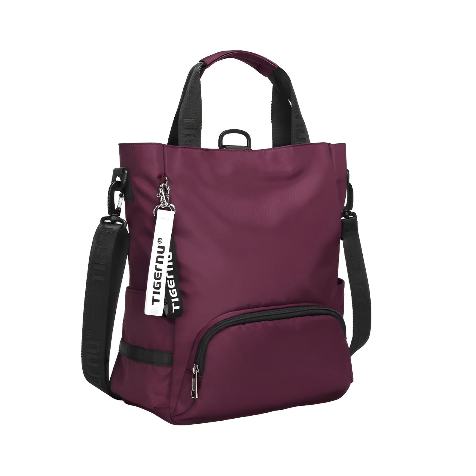 Sac à main pour femme de couleur bordeaux avec une bandoulière et un porte-clés.  Le sac est en nylon et a une fermeture éclair. La marque du sac est "Tigermu".