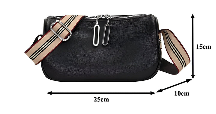 Sac bandoulière noir simili cuir, sangle rayée beige., 46266441433312,46266441466080,46266441498848