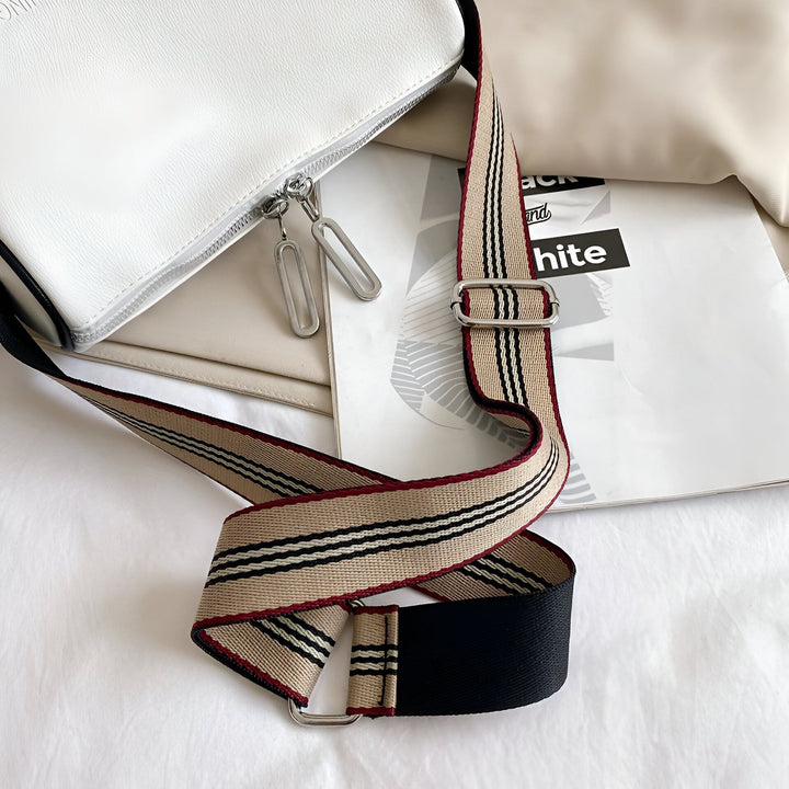 Sac blanc avec bandoulière rayée beige, noir et rouge, 46266441433312,46266441466080,46266441498848