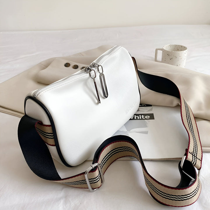 Sac bandoulière blanc avec bandoulière large rayée beige et noire, 46266441433312,46266441466080,46266441498848