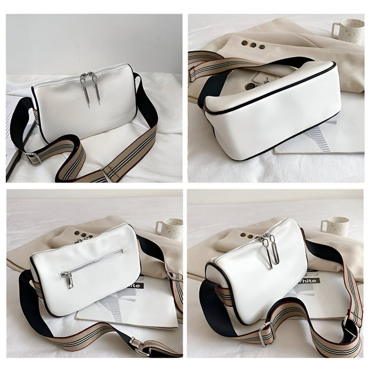 Sac bandoulière blanc avec liseré noir et bandoulière à motif., 46266441433312,46266441466080,46266441498848
