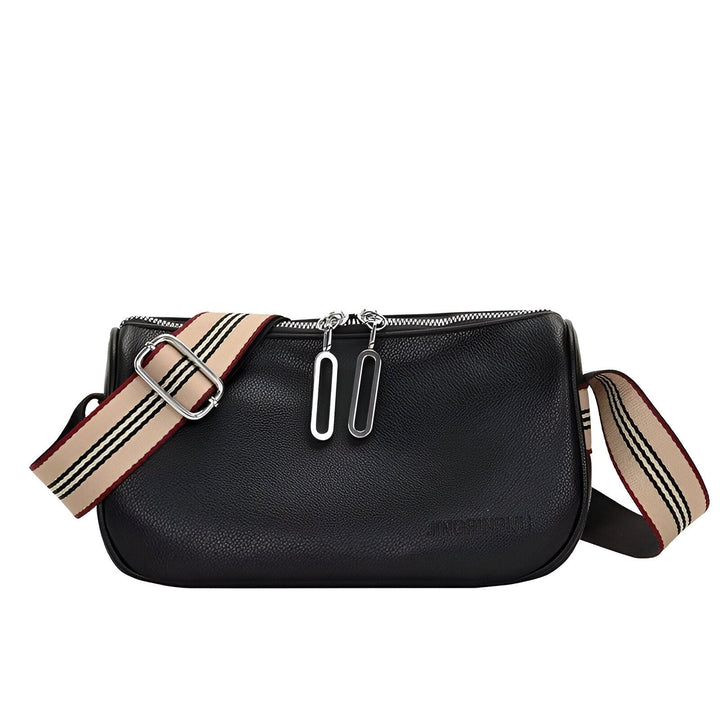 Sac bandoulière noir en cuir avec sangle rayée beige, noire et rouge, 46266441433312,46266441466080,46266441498848