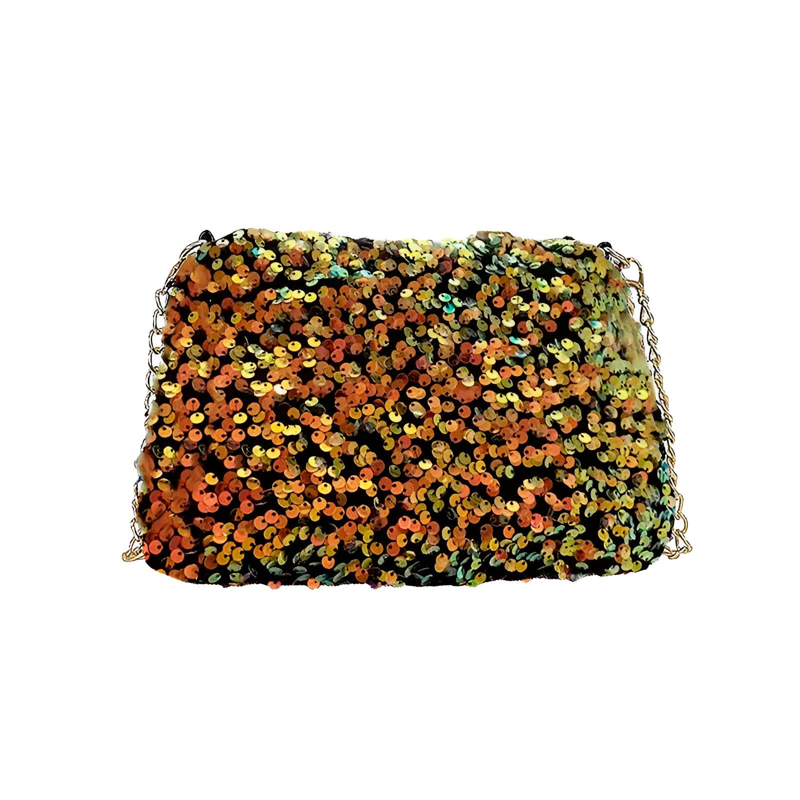 Petit sac à main en sequins dorés et multicolores avec une chaîne dorée.