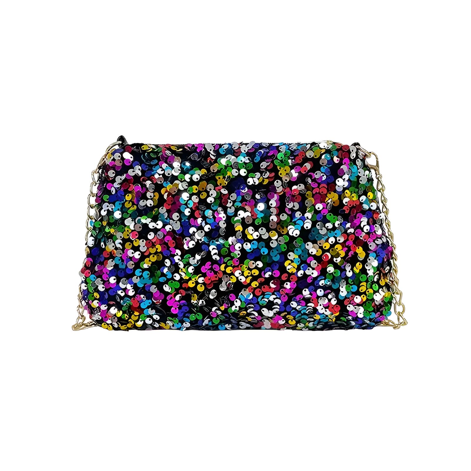 Sac à main noir avec une chaîne dorée et des paillettes multicolores.