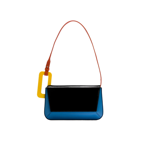 Sac bandoulière géométrique bleu et noir brillant, sangle orange, détail jaune., 46193873715424,46193873748192,46193873780960,46193873813728,46193873846496
