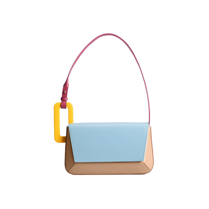 Sac à main bicolore bleu ciel et beige, bandoulière fuchsia, détail jaune., 46193873715424,46193873748192,46193873780960,46193873813728,46193873846496