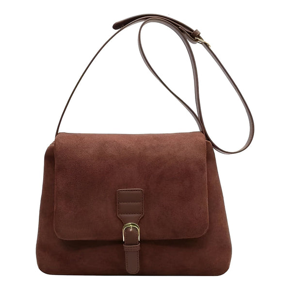 Sac à bandoulière marron en suédine, avec rabat et boucle dorée., 46193887510752,46193887543520