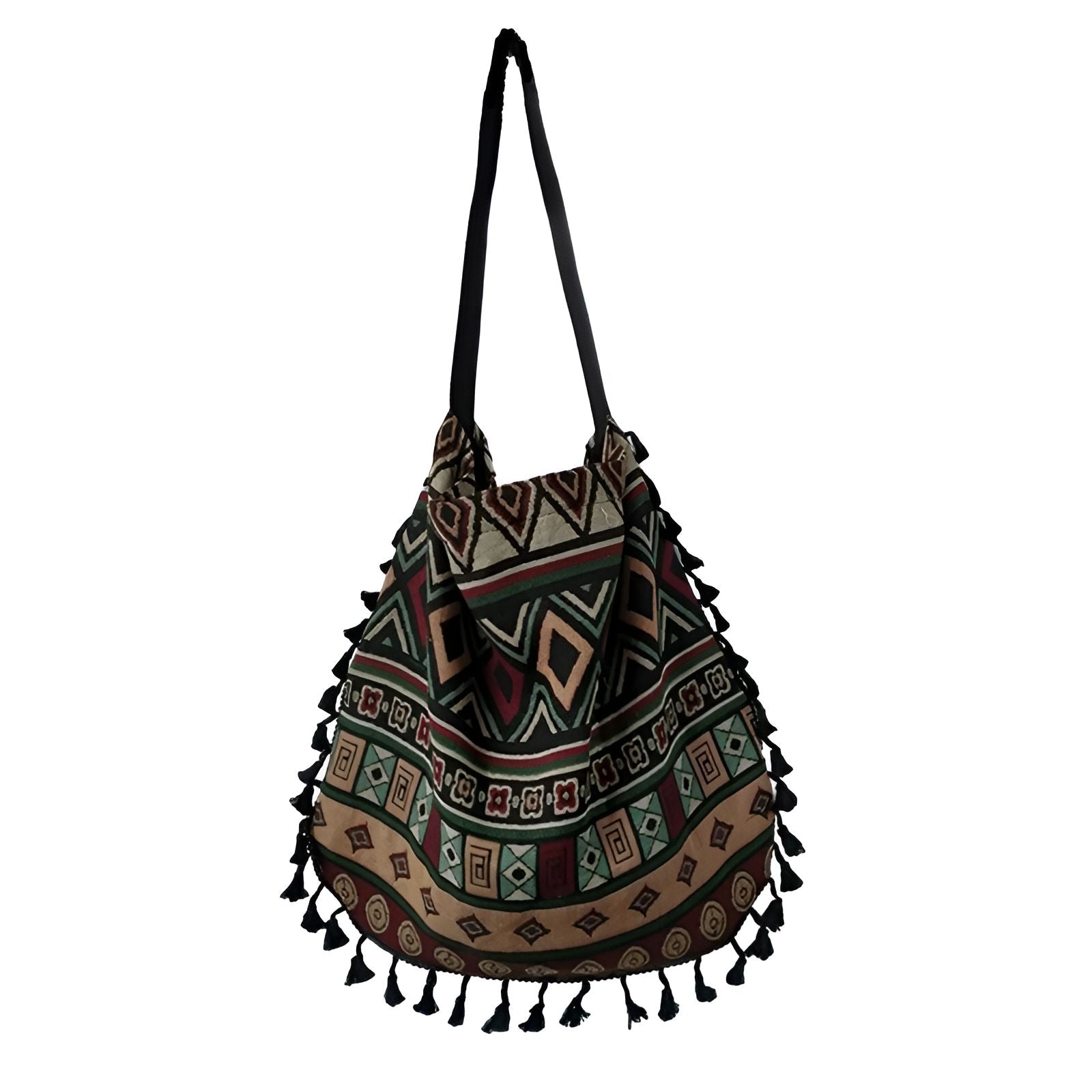 Sac à main en tissu avec des motifs géométriques et des glands noirs.