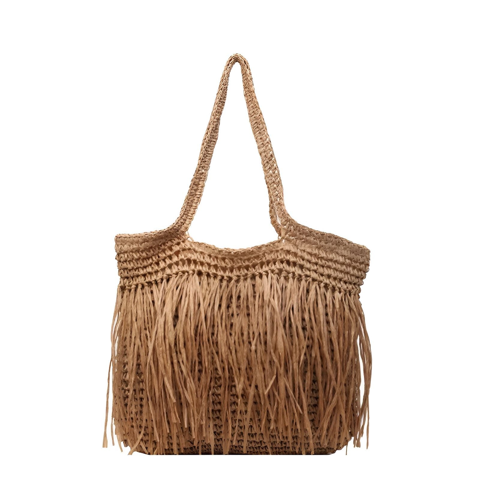 Sac à main en paille beige avec des franges.