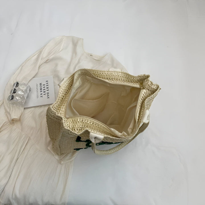 Sac cabas en paille beige ouvert, broderie verte, doublure avec poches, 46193944723680,46193944756448