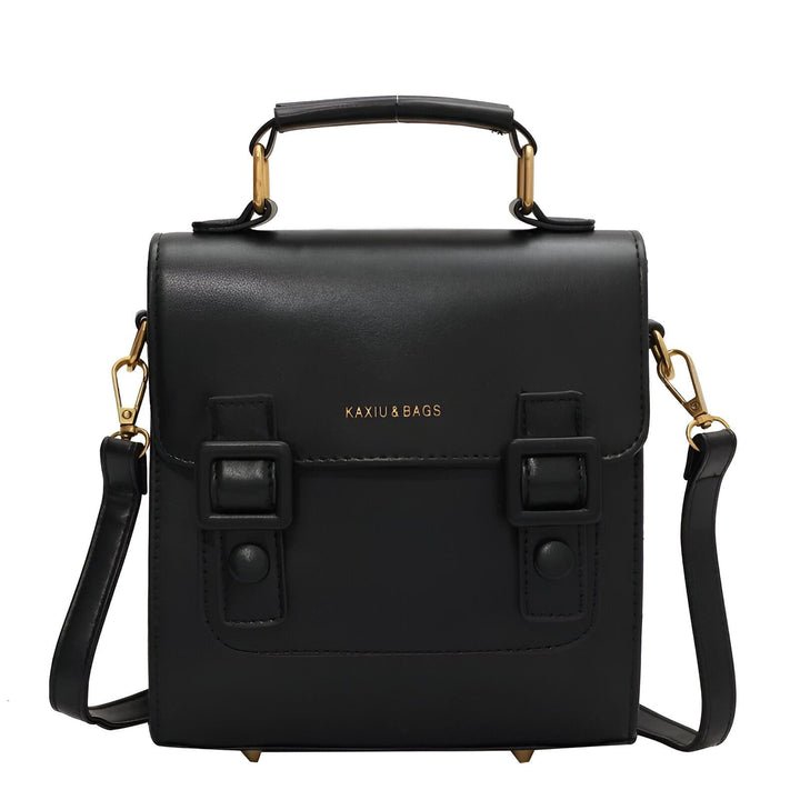 Sac à main noir KAXIU & BAGS en cuir avec poignée et bandoulière, boucles décoratives et détails dorés., 46194003312864,46194003345632,46194003378400,46194003411168