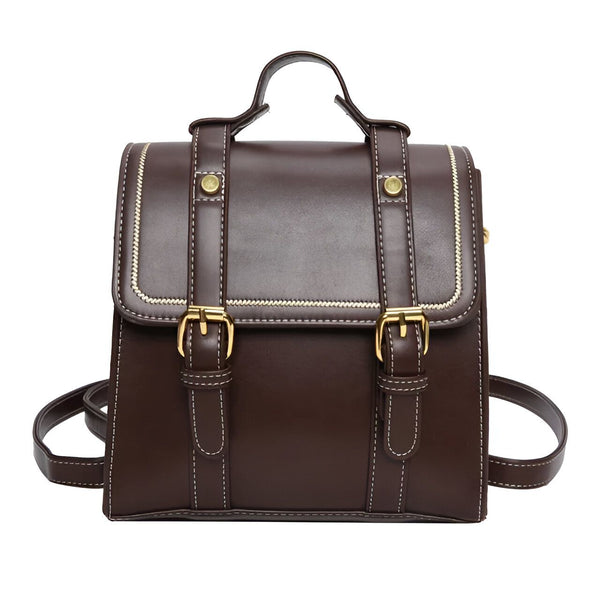 Sac style cartable marron foncé avec poignée, bretelles et boucles dorées., 46193899569376,46193899602144,46193899634912