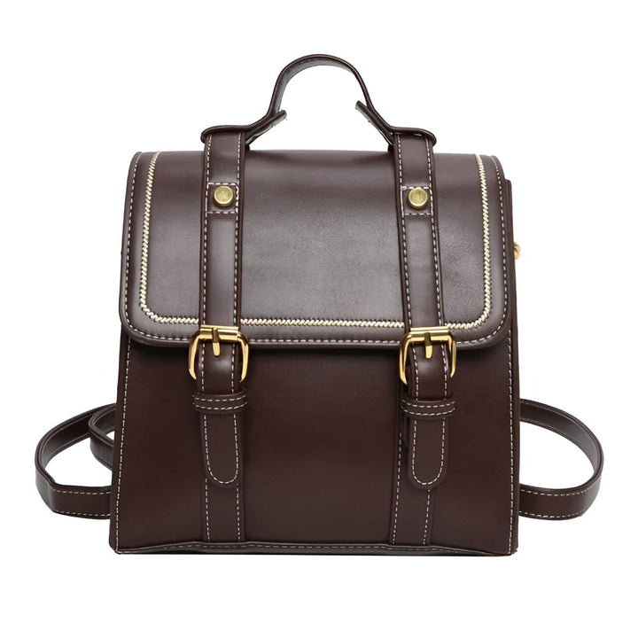 Sac style cartable marron foncé avec poignée, bretelles et boucles dorées., 46193899569376,46193899602144,46193899634912