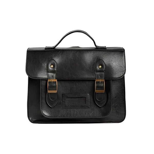 Sac cartable noir avec rabat, deux boucles et poignée., 46193905008864,46193905041632