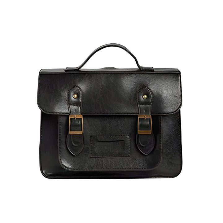 Sac cartable noir avec rabat, deux boucles et poignée., 46193905008864,46193905041632