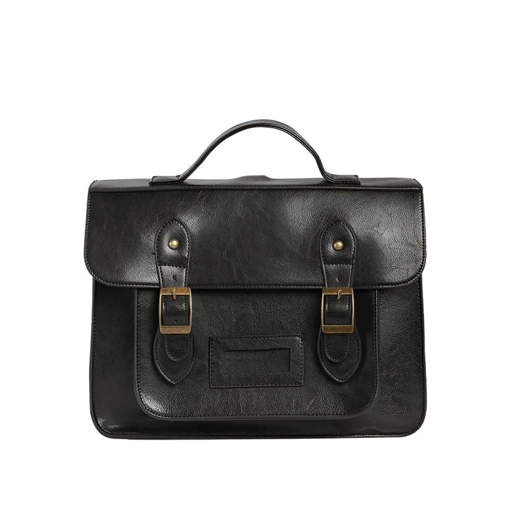 Sacoche noire en simili cuir avec poignée et fermetures à boucles en laiton., 46193905008864,46193905041632