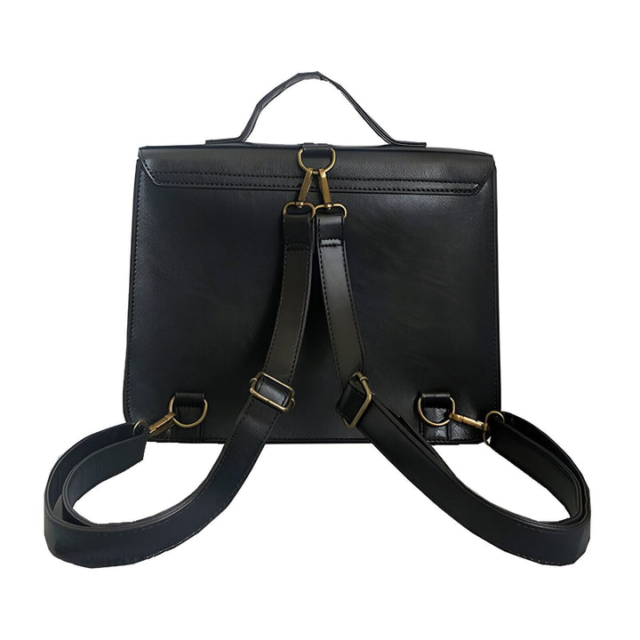 Vue arrière d'un sac noir avec bretelles ajustables, poignée et boucles métalliques., 46193905008864,46193905041632