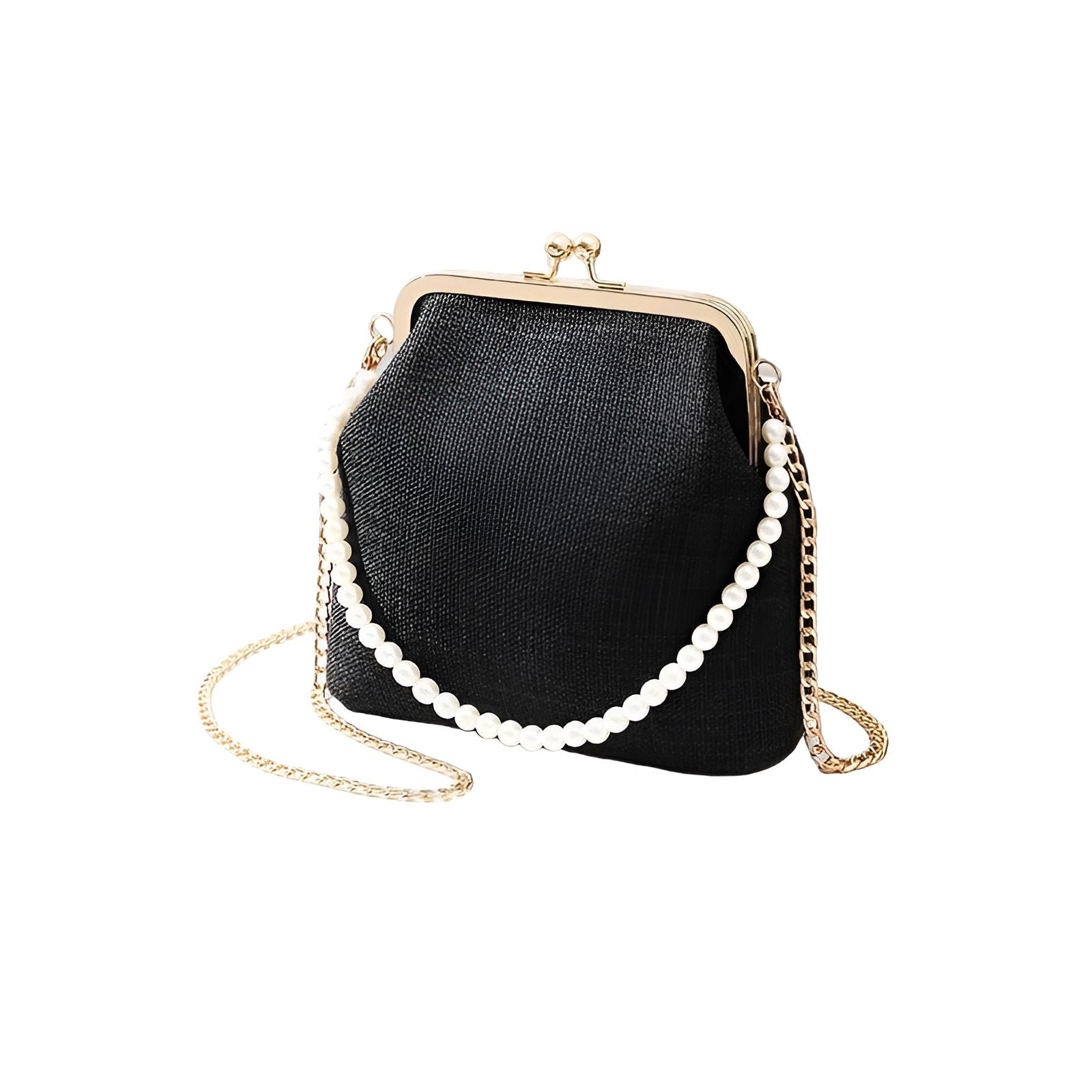 Petit sac à main noir avec une chaîne dorée et des perles blanches.