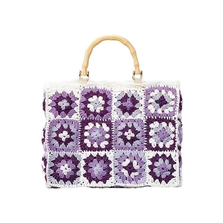 Sac en crochet motifs granny square violets, lavande et blancs, poignées bambou., 46193948393696,46193948426464,46193948459232