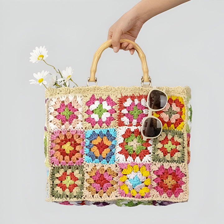Sac cabas en paille avec carrés crochet multicolores, poignées bambou, 46193948393696,46193948426464,46193948459232