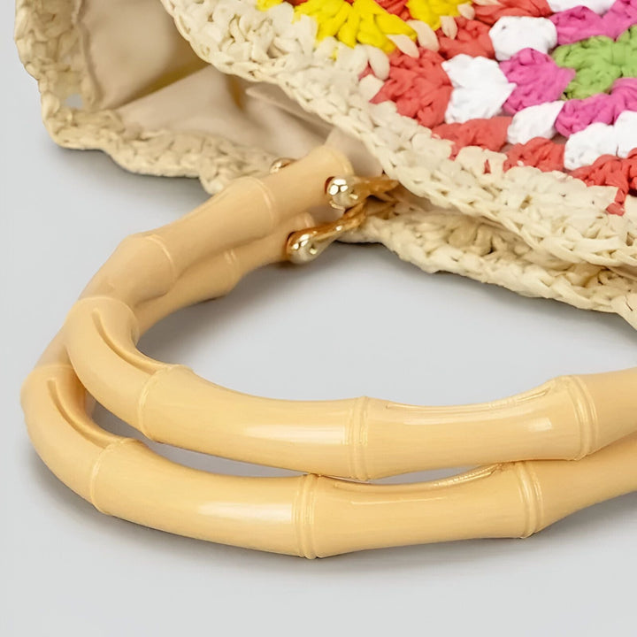 Sac en paille tressée avec poignées aspect bambou et motif crochet coloré, 46193948393696,46193948426464,46193948459232