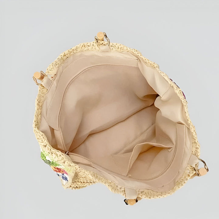 Intérieur d'un sac cabas en paille avec doublure beige, poches et broderie florale, 46193948393696,46193948426464,46193948459232