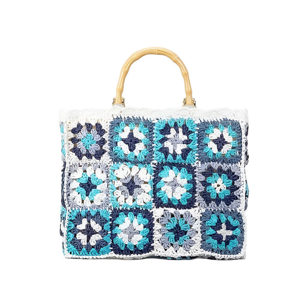 Sac tote en crochet motif granny squares bleus, gris et blancs, anses en bambou., 46193948393696,46193948426464,46193948459232