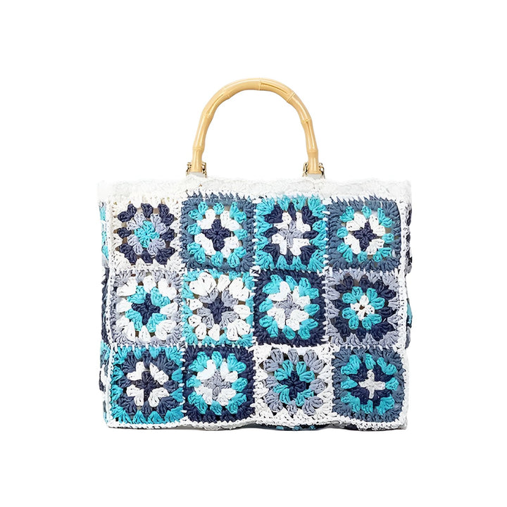Sac tote en crochet motif granny squares bleus, gris et blancs, anses en bambou., 46193948393696,46193948426464,46193948459232