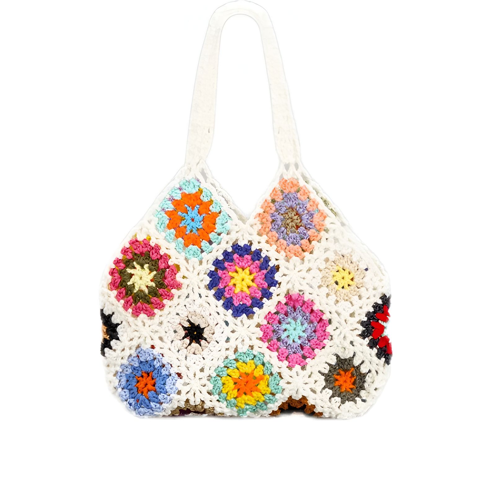 Sac à main en crochet blanc avec des motifs colorés.