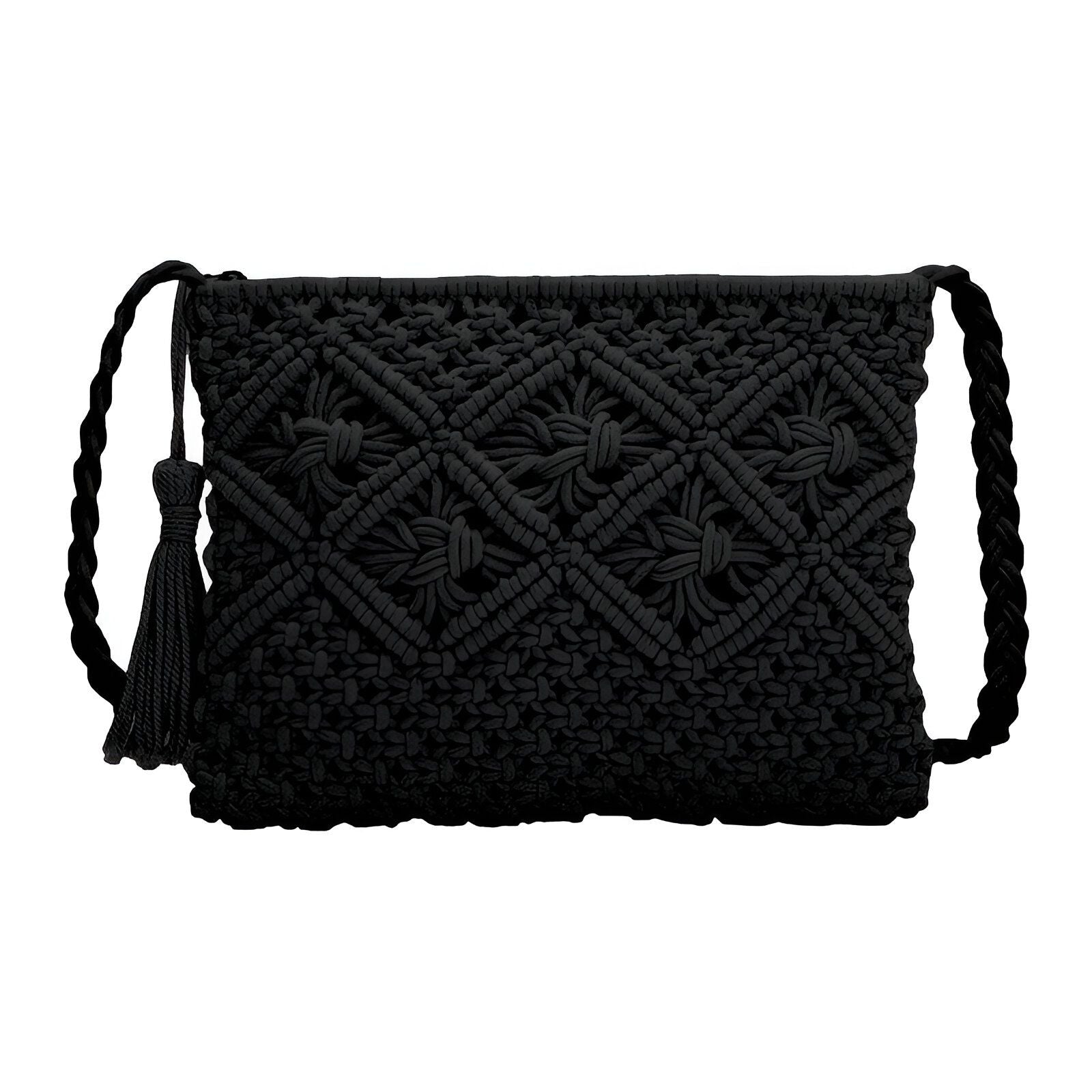 Sac à main noir en crochet avec un motif en losange et une bretelle.