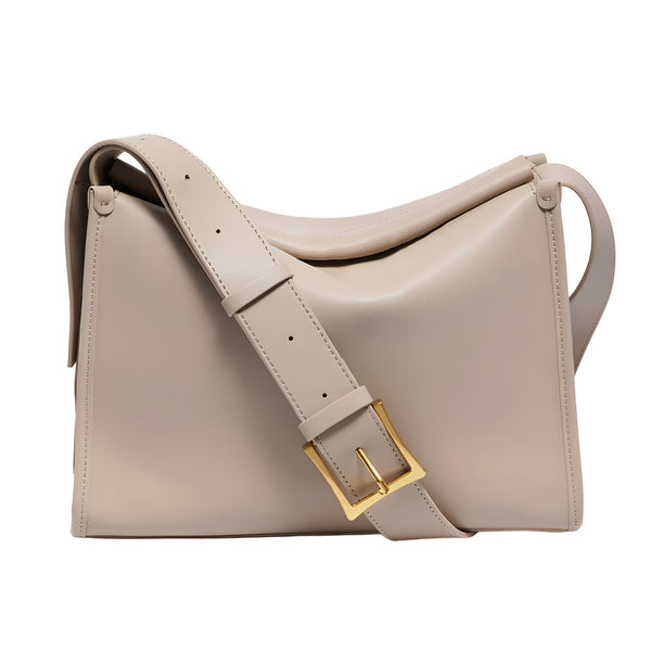 Sac bandoulière beige avec boucle dorée sur fond blanc., 46193858380000,46193858412768,46193858445536