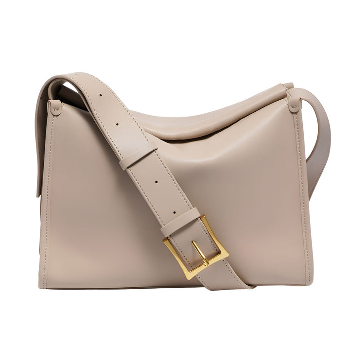 Sac bandoulière beige avec boucle dorée sur fond blanc., 46193858380000,46193858412768,46193858445536