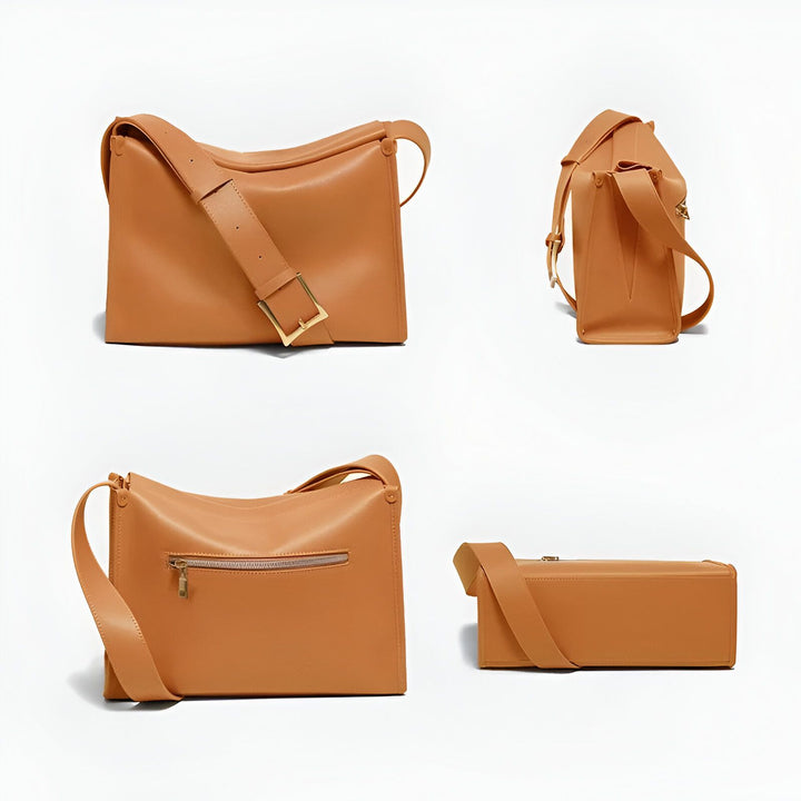 Quatre vues d'un sac à bandoulière en cuir camel avec poche zippée., 46193858380000,46193858412768,46193858445536