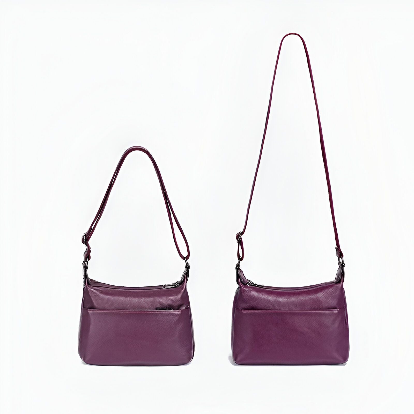 Deux sacs à main en cuir violet, l'un avec la bandoulière courte et l'autre avec la bandoulière longue.